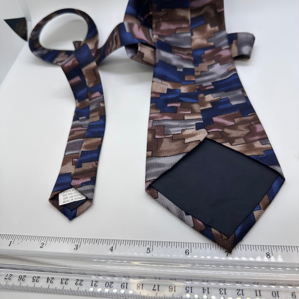 Fratello Necktie Blue Brown Abstract Geometric Pattern Silk Blend Tie - Picture 9 of 12